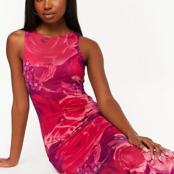 Pink Floral Maxi Dress (M) | sheer, purple, sleeveless, mermaid, flared, barbie - Picture 3 of 10
